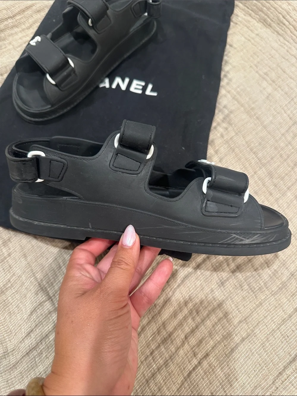 CHANEL Dad- Black Rubber Double-Strap Sandals